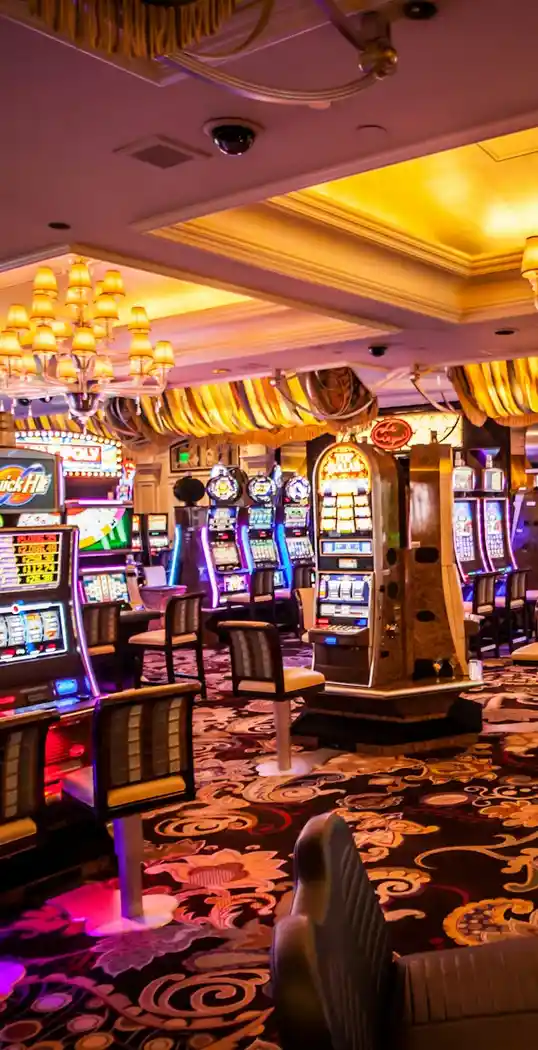 A softly lit social gaming floor with slot cabinets